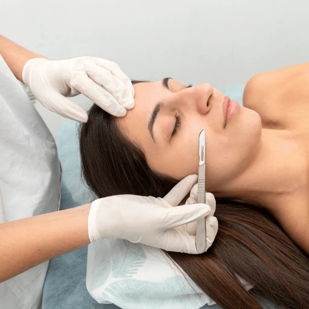 Dermaplaning Facial that uses a terile surgical scalpel to gently remove dead skin cells.
