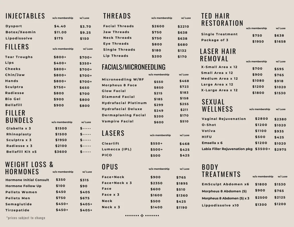 Beautiful U medspa pricing sheet for patients in American Fork Utah