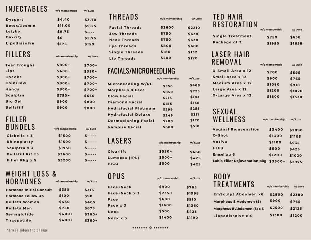 Beautiful U Spa Pricing Sheet for 2026